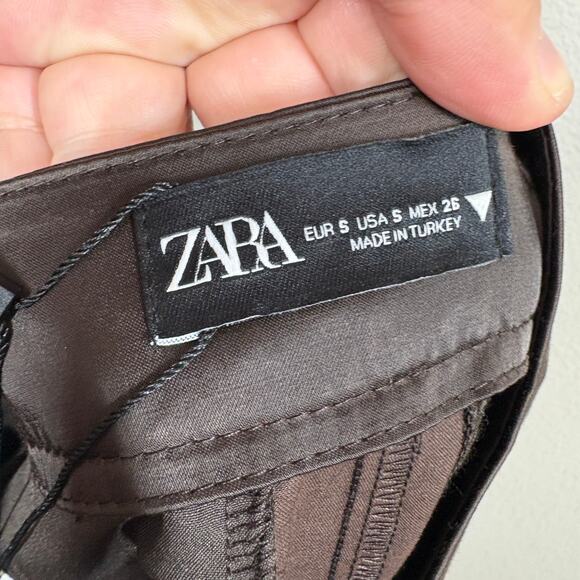 Zara Womens Size Small Flared Satin Shorts Brown Cotton Blend Pleated Pockets - Picture 6 of 8